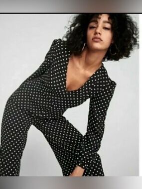 ZARA Polka Dot V-Neck Long-Sleeve Jumpsuit Sz XS (runs big-see measurements)